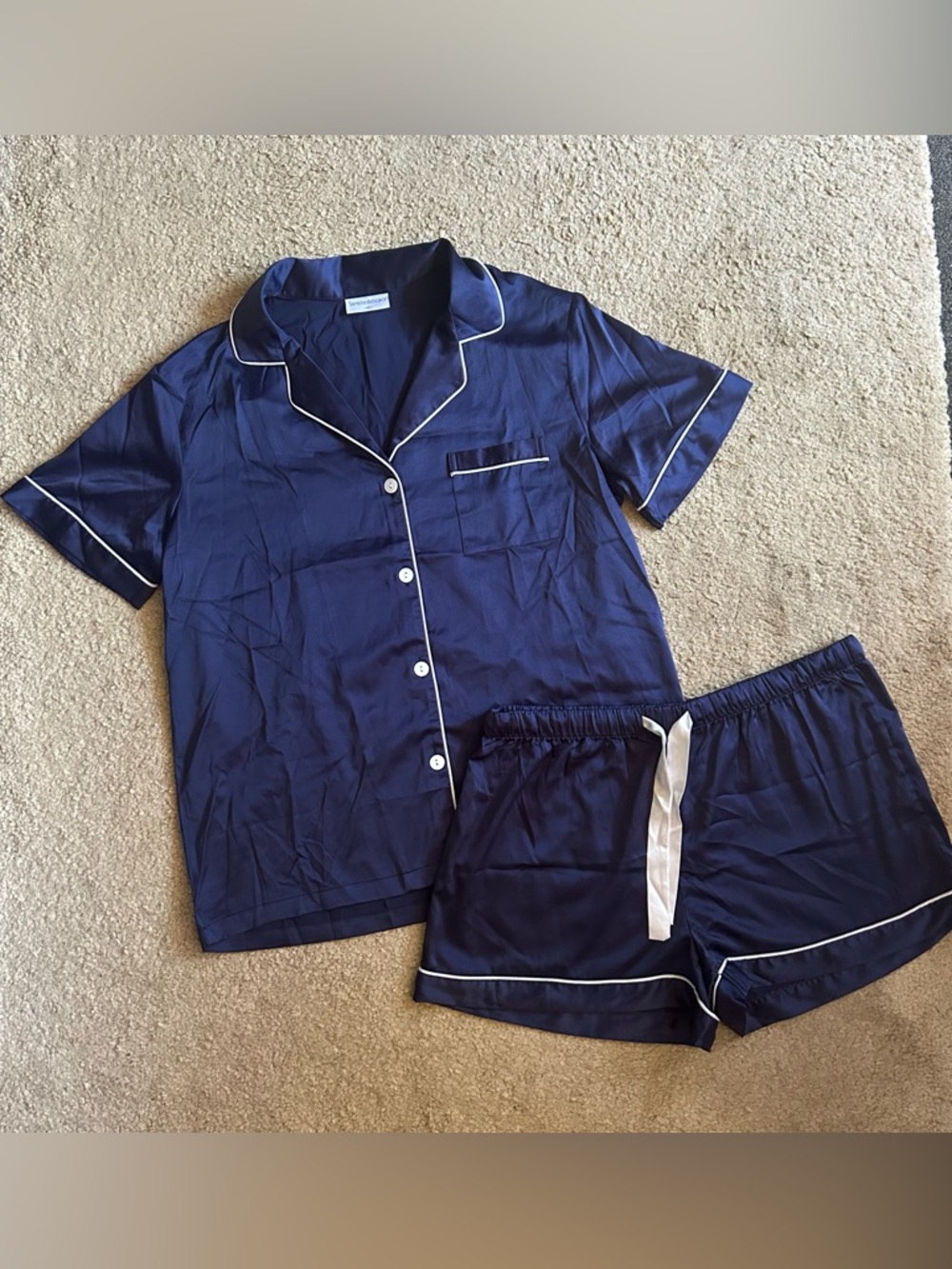 Luxury Navy Satin Short Sleeve Pajama Set with White Piping